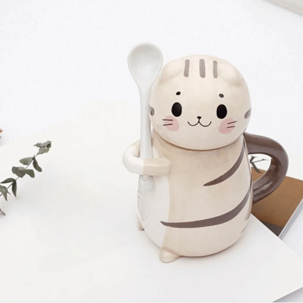 Home Decor With Spoon Cat Coffee Mug Capped Mug Ceramic Hand Painted Mug Exquisite Cartoon Coffee Pots Novelty Gifts view 5