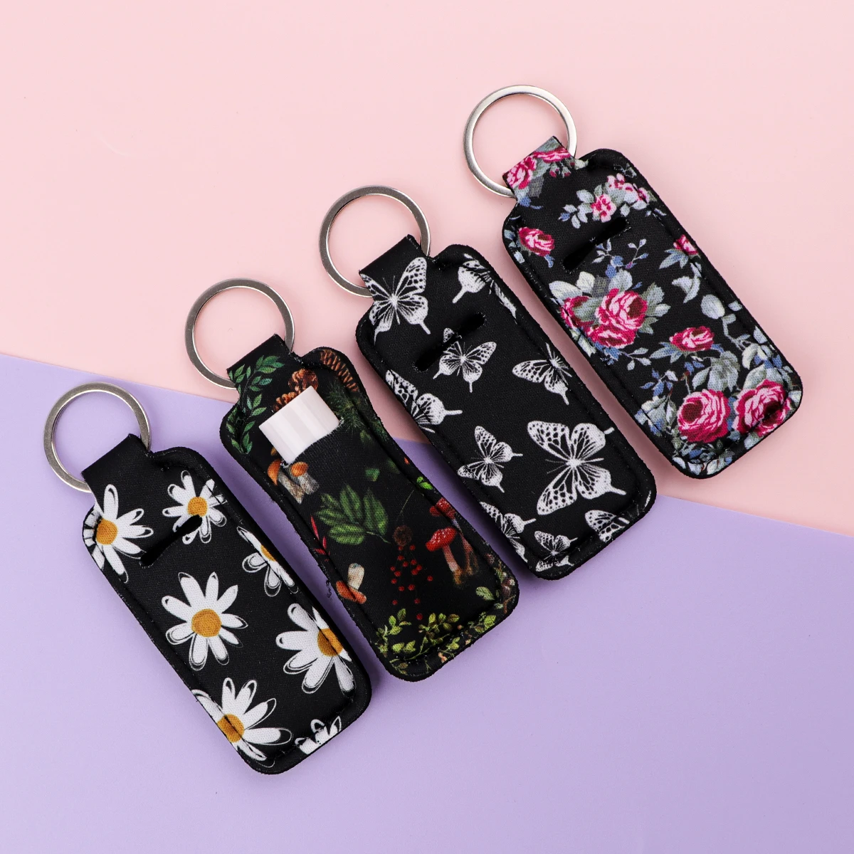 1pcs Flower Pattern Clip On Lipstick Holder Keychain Print Keyring Trendy Lip Balm Key Chain Bag Charms Travel Accessories