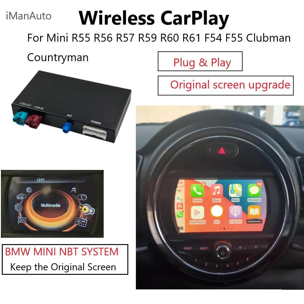 Carplay inalámbrico y Android Auto para BMW Mini Cooper NBT R55 R56 R57 R58 R60 R61 F54 F55 F56 con función AirPlay y Mirror Link.