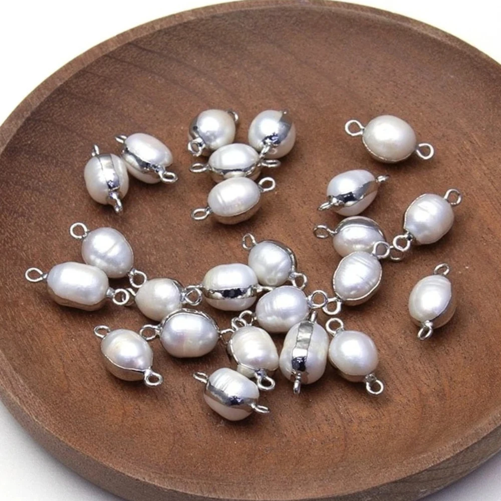 

Natural Freshwater Pearls Connector Pendant 2 Hole Rice Shaped Silver-Plated Edge Charms Jewelry DIY Necklace Accessories 1PC