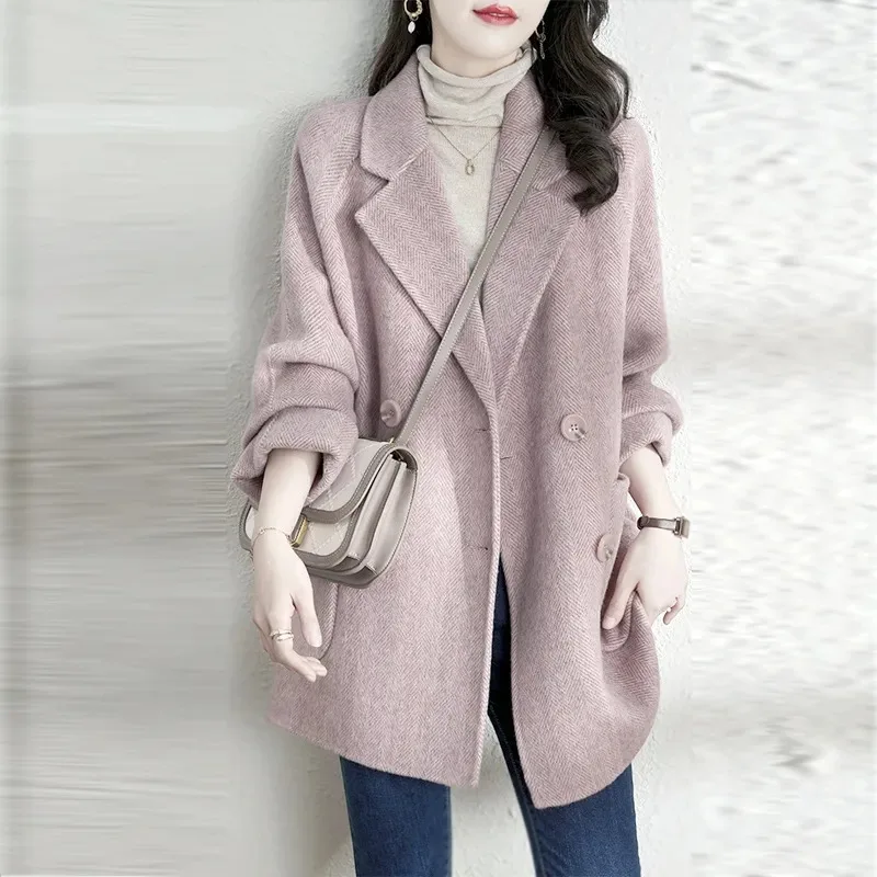 

Осенне-зимнее шерстяное пальто средней длины, однотонный кардиган на пуговицах с лацканами и длинными рукавами, модный повседневный элегантный топ