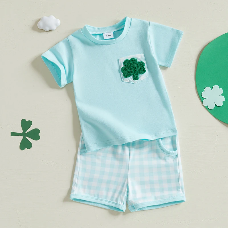 Baby Boys Shorts Set Short Sleeve Shamrock Letters T-shirt with Striped Plaid Shorts Summer Outfit