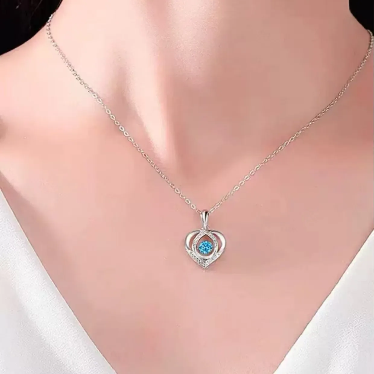 S925 silver heart pendant necklace for women — electroplated rustic-style O-link chain in soft blue hue, lightweight 5g design u