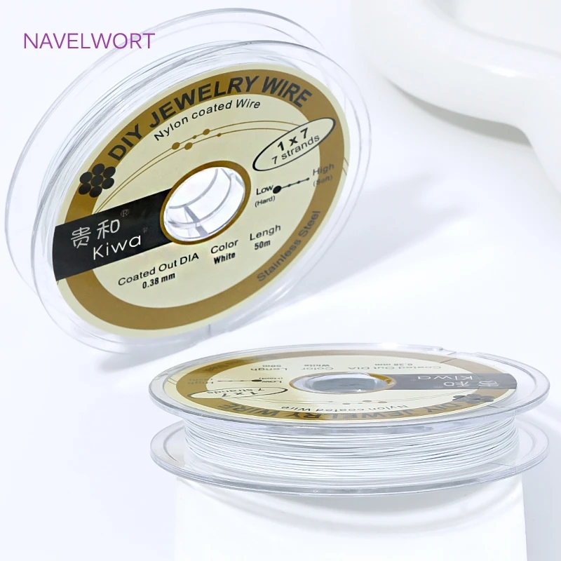 50 m Rolle 0,3/0,38 mm weißer rhodiumgoldener Stahldraht, nylonbeschichteter Edelstahl-Perlendraht für die Schmuckherstellung, DIY-Armbandzubehör – Detail 31