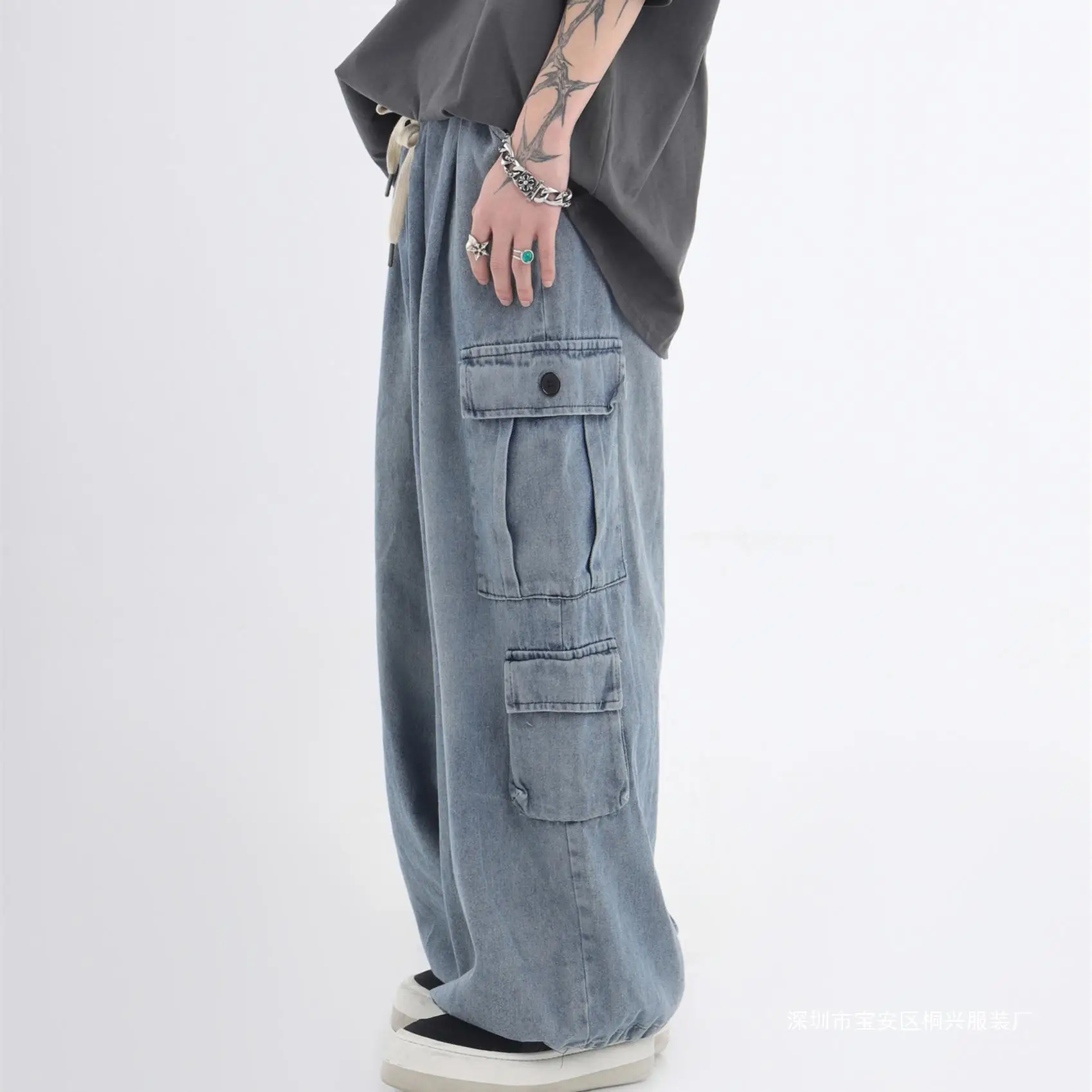 2024 Men's Autumn New Dimensional Patch Pocket Jeans Hip Hop Washed Loose-Fitting Wide-Leg Trousers