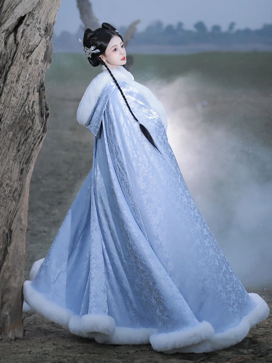 Capa de lã estilo chinês longo antigo xale quente capa de inverno Hanfu para mulheres