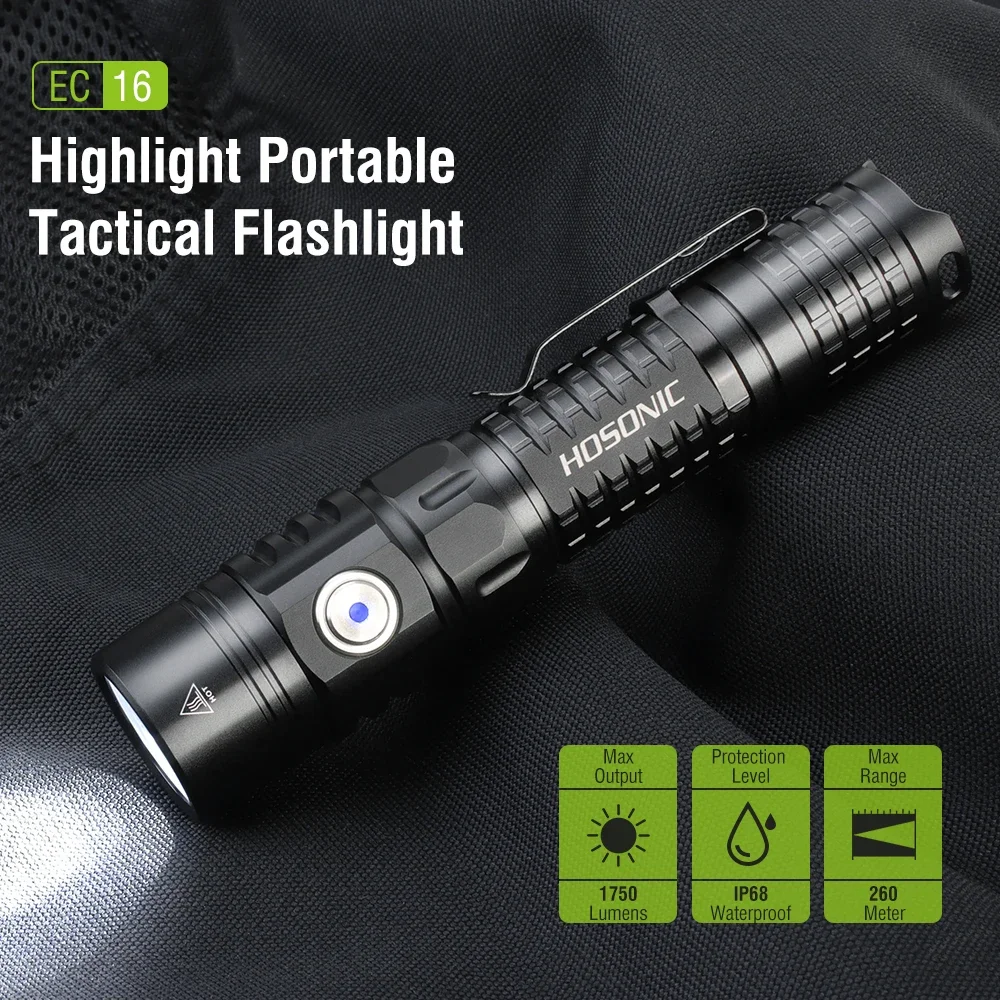 HOSONIC EC16 1750LM Tactical Flashlight Type‑C Rechargeable Waterproof Torch With Pocket Clip Outdoor Camping Emergency Light