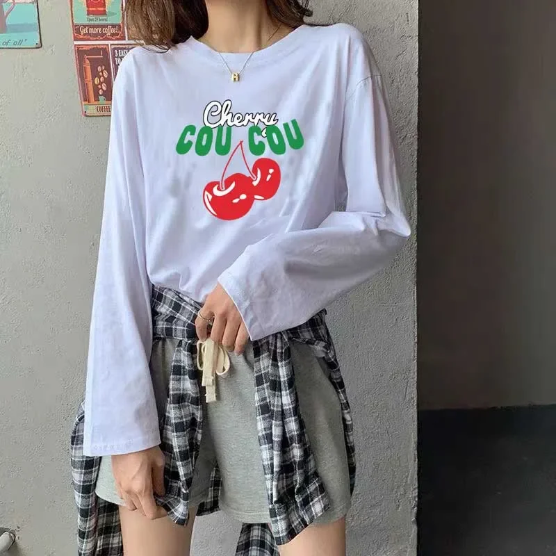 

Cute Cartoon Printed Long Sleeve O-Neck Loose Casual T-Shirts Women Fashion Sweet Cotton Tops Multi Style All-match Leisure Tees