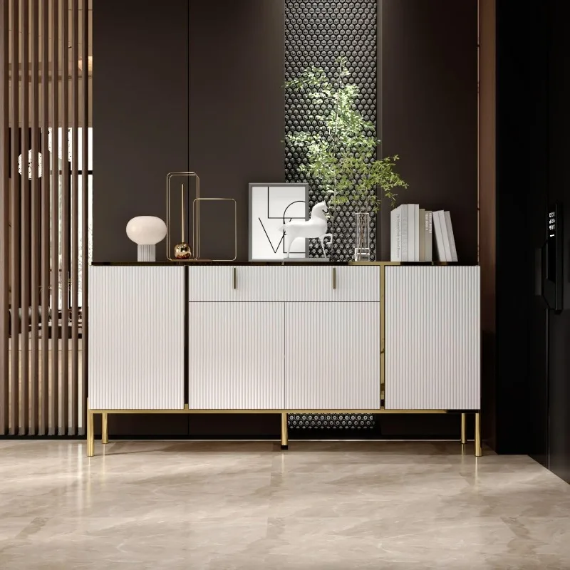 2025 Gabinete buffet aparador de 63 pulgadas con puerta emergente y estantes ajustables, para salón blanco (63 pulgadas de ancho x 15 pulgadas de profundidad x 31,5 pulgadas de alto)