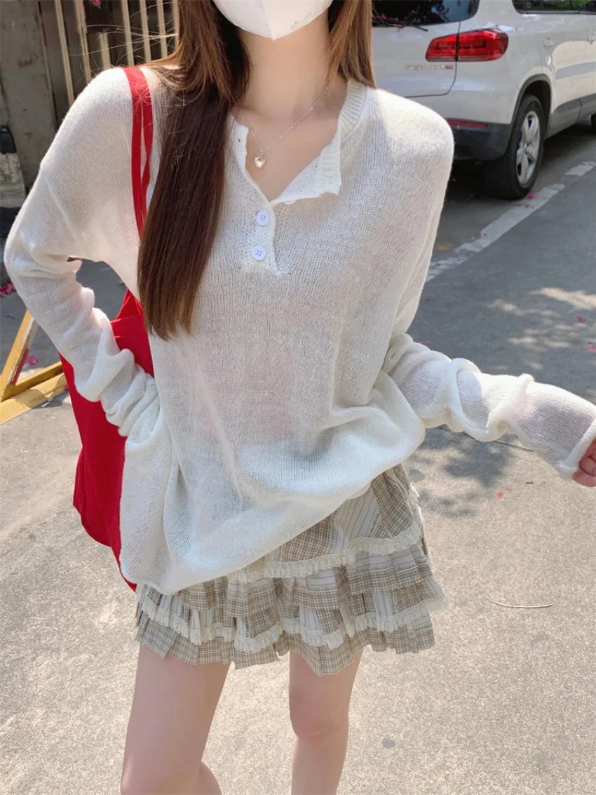 Alien Kitty Summer Sunscreen Knitted T-shirts Women Solid Full Sleeve Solid Camping Loose All Match Full Sleeve Casual New OL