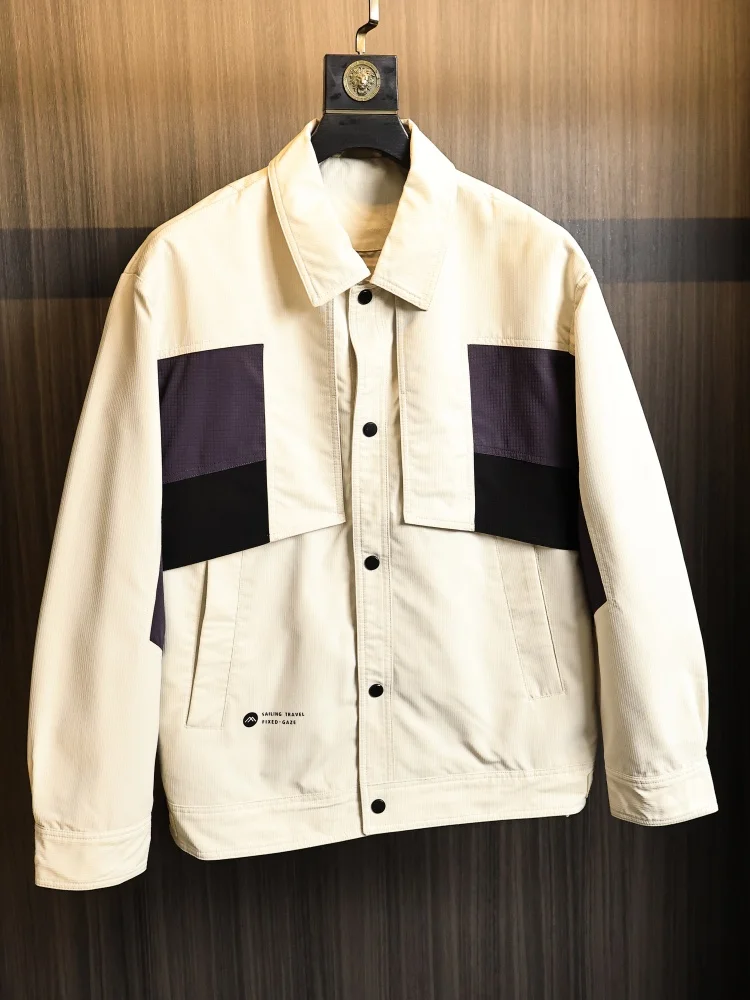 

Loose Fit Color Block Design Fashionable Spring Jacket for Men Casual Style Polyester Fiber Long Sleeve Button Closure Coat