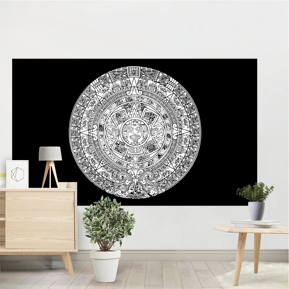 Aztec Calendar Tapestry Black and White Vintage Mayan Sign Ancient Words Wall Hanging for Bedroom Living Room Dorm Home Decor