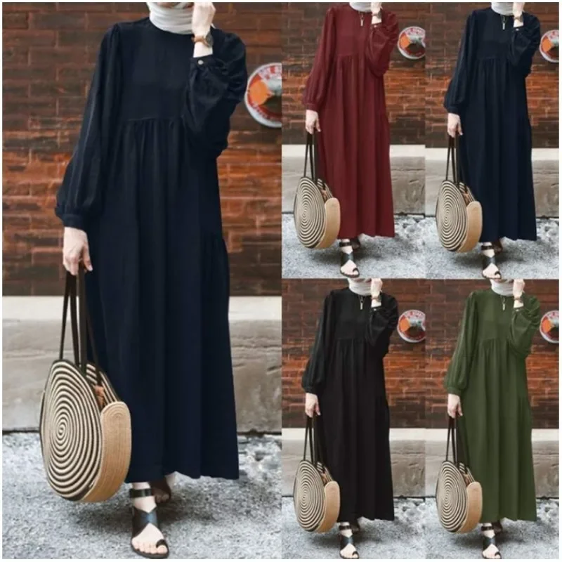 Eid Ramadan Muslim Women's Long Dress Round Collar Lantern Sleeve Casual Abaya Islamic Lady Maxi Robe Longue Vestidos Largos