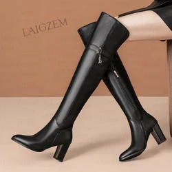 LAIGZEM Women Over Knee High Boots Leather + Synthetic Almond Toe 7.5CM Thick High Heels Boots Ladies Shoes Woman Size 36 39