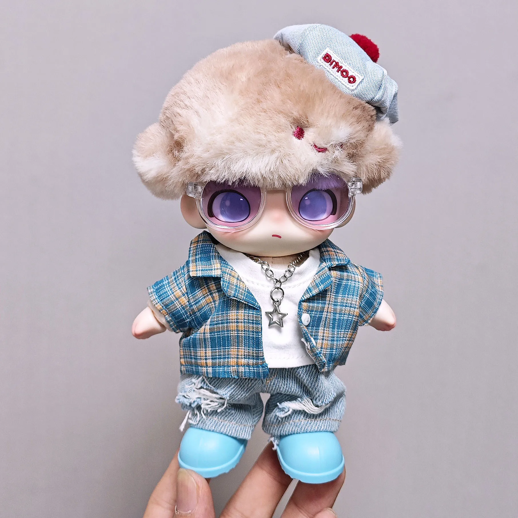 

For Dimoo High-quality Doll Clothing, Dimoo Doll Clothing Hanging Carter Summer Blue Checkered Shirt 6-piece Set