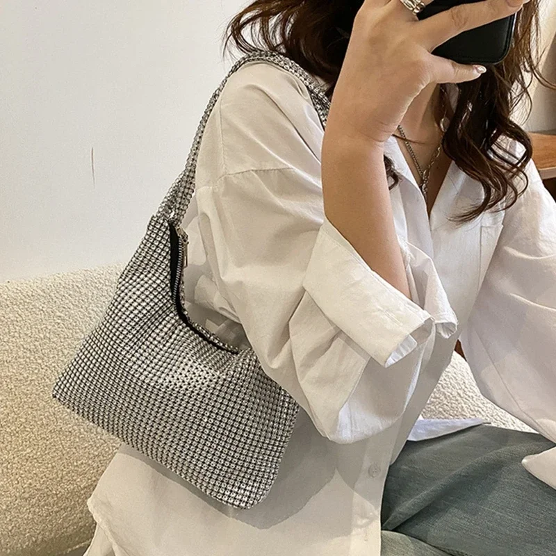 Delicate Shoulder Bag for Rhinestone Bag Clutch Purses Handbag Evening Bag Silver Shiny Underarm Bag for Valentine\'s Day