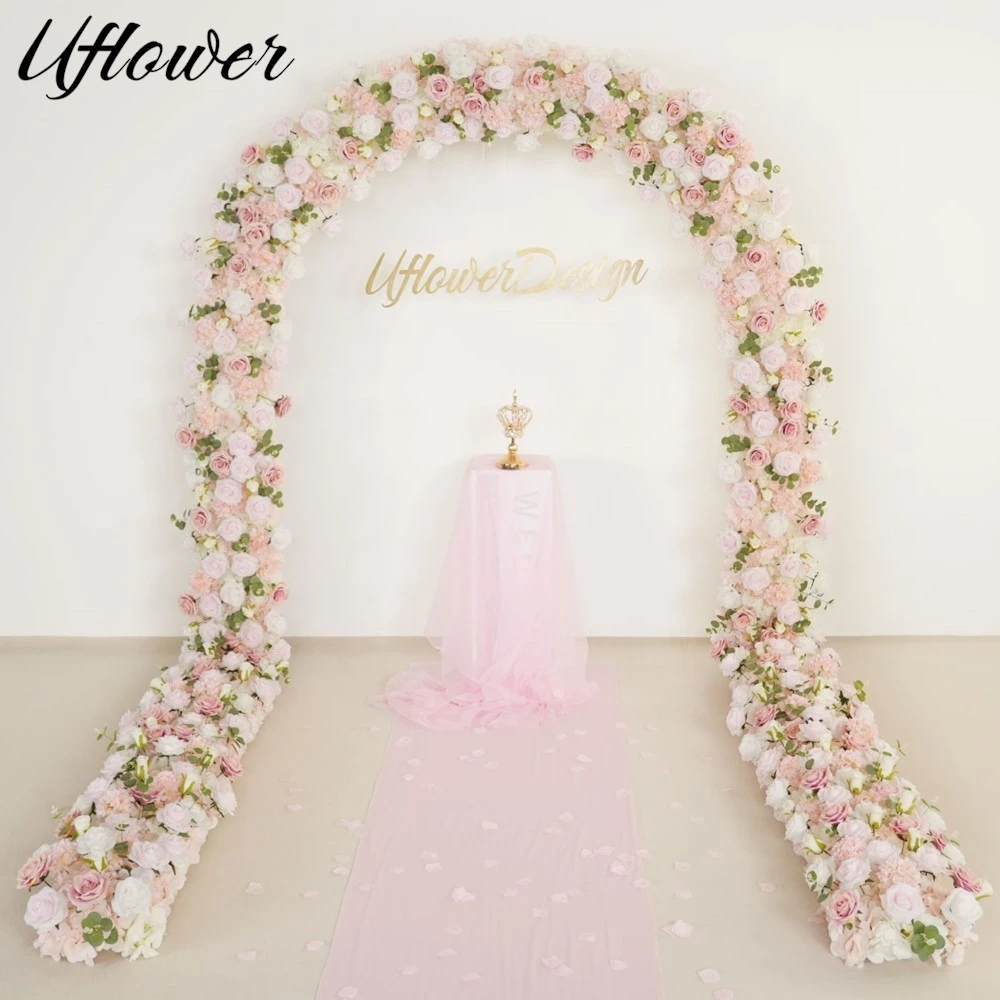 

Uflower Pink Rose Hydrangea Flower Row Runner Wedding Backdrop Arch Decoration Table Flower Arrangement Party Event Stage Props
