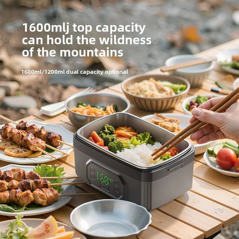 Portable 1600ml wireless electric lunch box with rechargeable heating and preheating timing functions, suitable for hot food