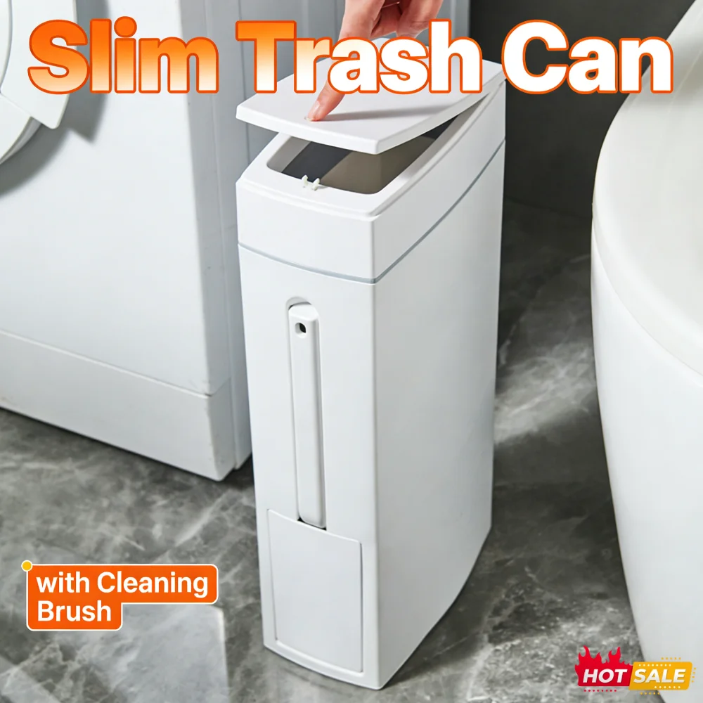 

Sealed Slim Trash Can with Cleaning Brush and Lid Plastic Waste Basket Bathroom Garbage Bin for Narrow Space