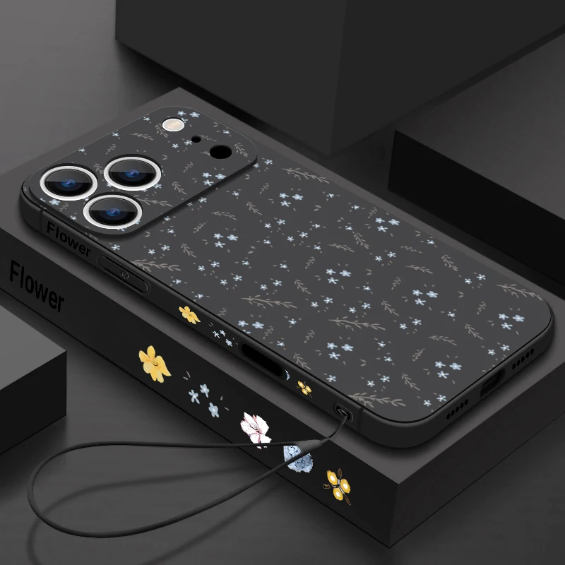 Para iPhone 16 Pro Max funda con cordón pequeño patrón de flores azules funda de silicona TPU suave para iPhone 17 Pro Max Air 15 14 13 12 1116e