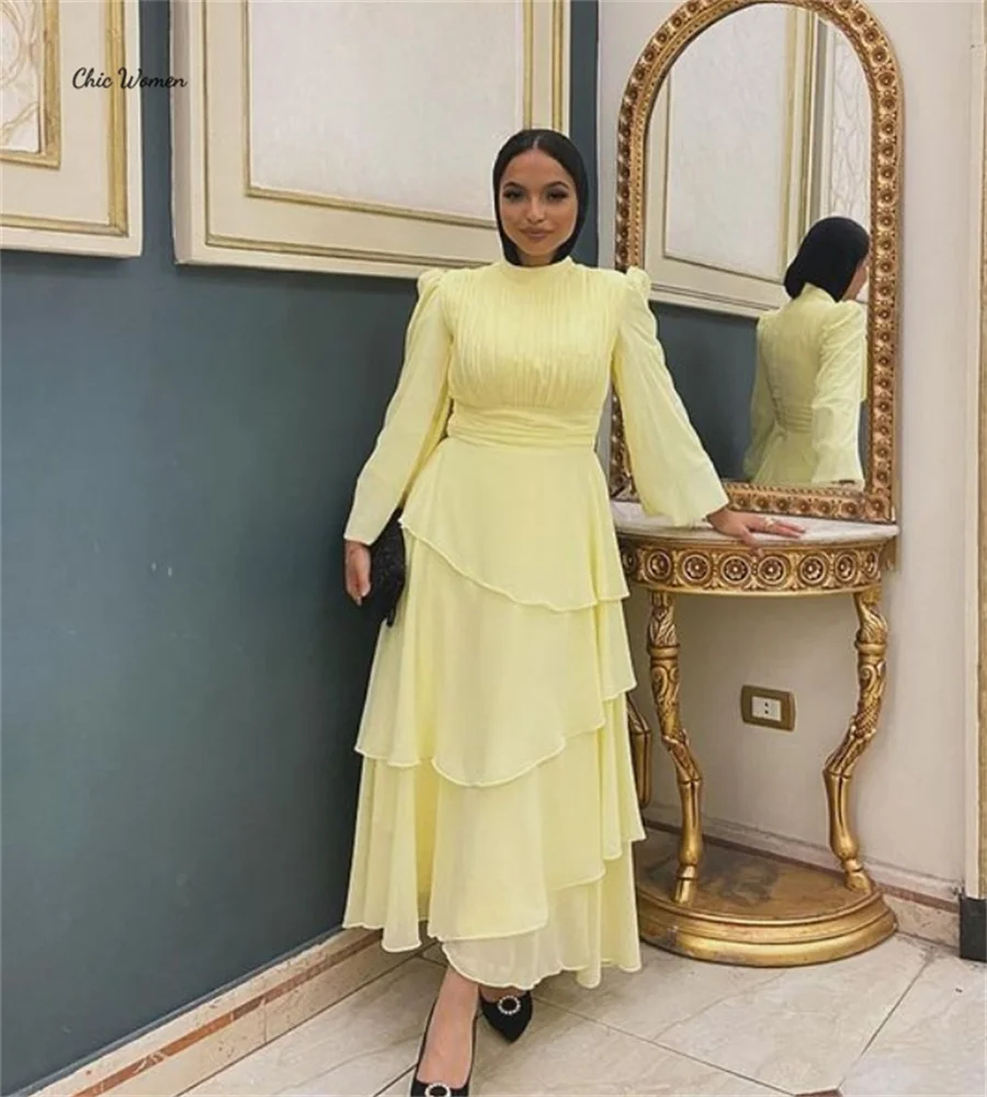 Modern Light Yellow Arabic Prom Dress High Neck Long Sleeve Chiffon Abaya Evening Dresses Tiered Holiday Birthday Customized