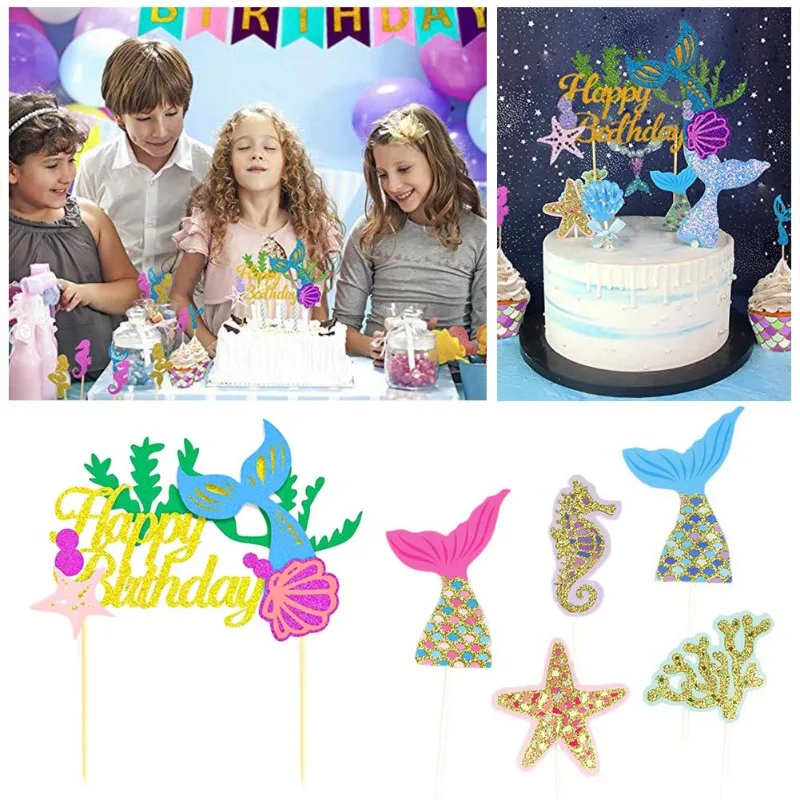 Meerjungfrau-Geburtstagskuchen-Topper-Set, glitzernde Muschel, Seestern, lila-rosa Schwanzdekoration für Feiern, Cupcake-Topper im Lieferumfang enthalten