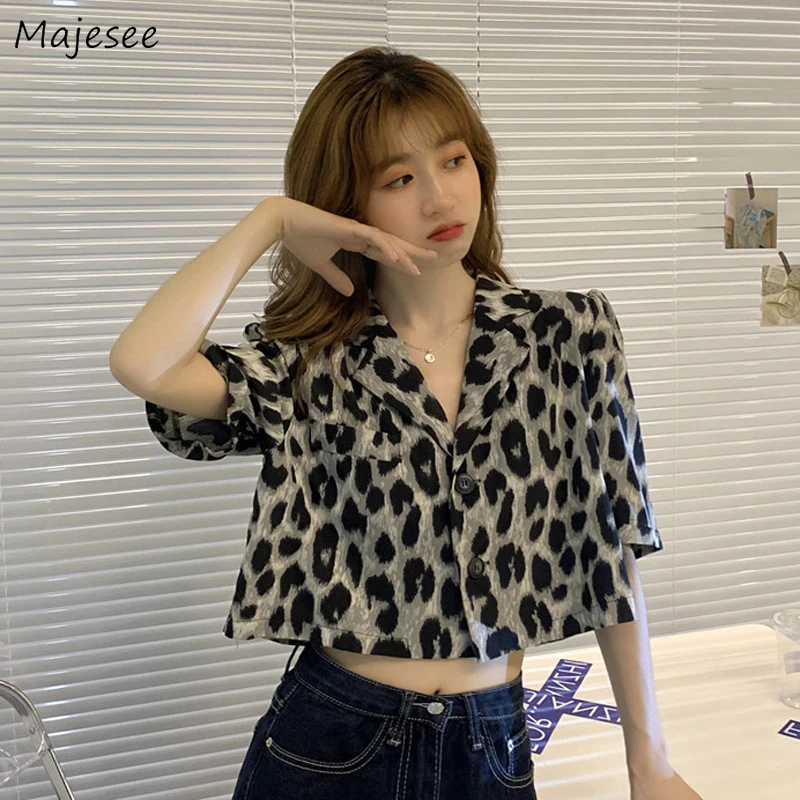 Short-sleeved Shirts Women Loose Fit Casual Popular Leopard Design Trendy All-match Daily Sweet Spicy Girls Cropped Streetwear