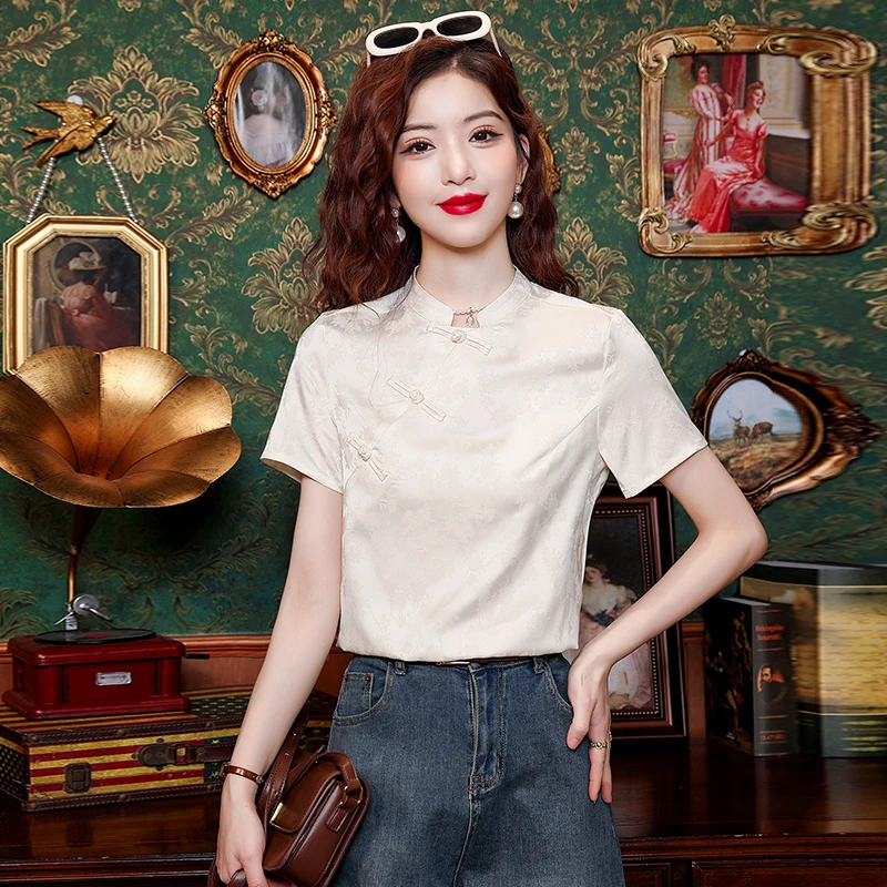 Short Sleeve Stand Collar Women Blouse Chinese Style Chiffon Blouse Shirt Women Tops Blusas Mujer De Moda 2024 Verano Blusa H667