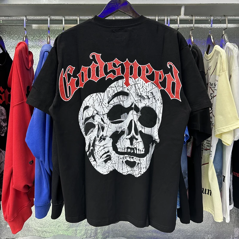 

Men Women Godspeed T Shirts New Real Photo Skull Head Print Short-sleeved Tops GOD SPEED T-shirts