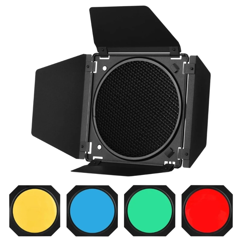 Barn Door+Honeycomb Grids + 4 Color Filter For Bowens Mount Standard Reflector Photography Studio Flashing Accessories