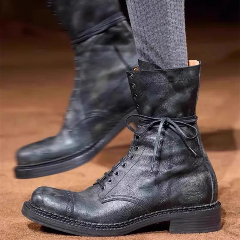 Designer Luxury Brand Boots Women Side Zipper Mid Heel Lace-up Round Toe Female Shoes Runway Solid Color women Motorcycle Boots