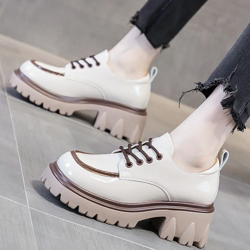 Fashionable Thick Soled High Rise Loafers with Thick Heels Shoes for Women 2024 Autumn Winter New Lace-up Women\'s Boot