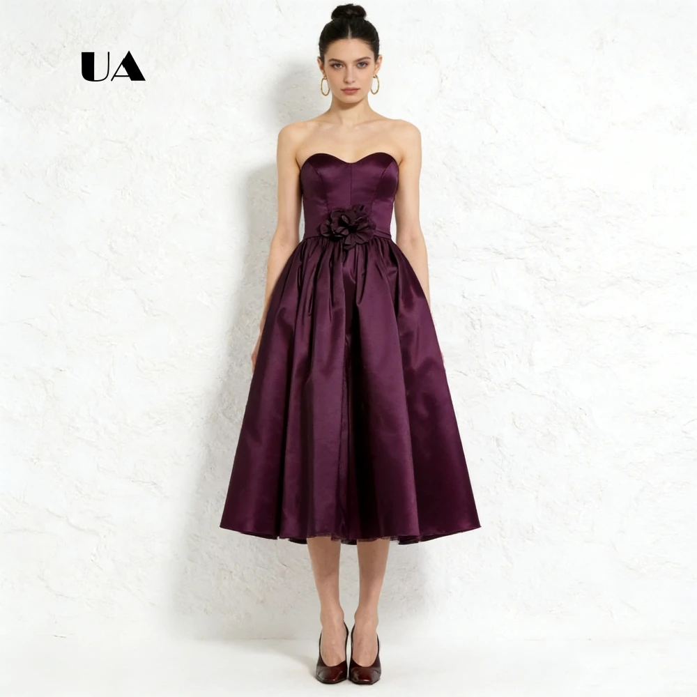 

ULBYANRY Satin A-line Prom Dress with 3D Flower, Solid Sweetheart Neck Evening Dress for Woman, Sleeveless Customized Party Gown