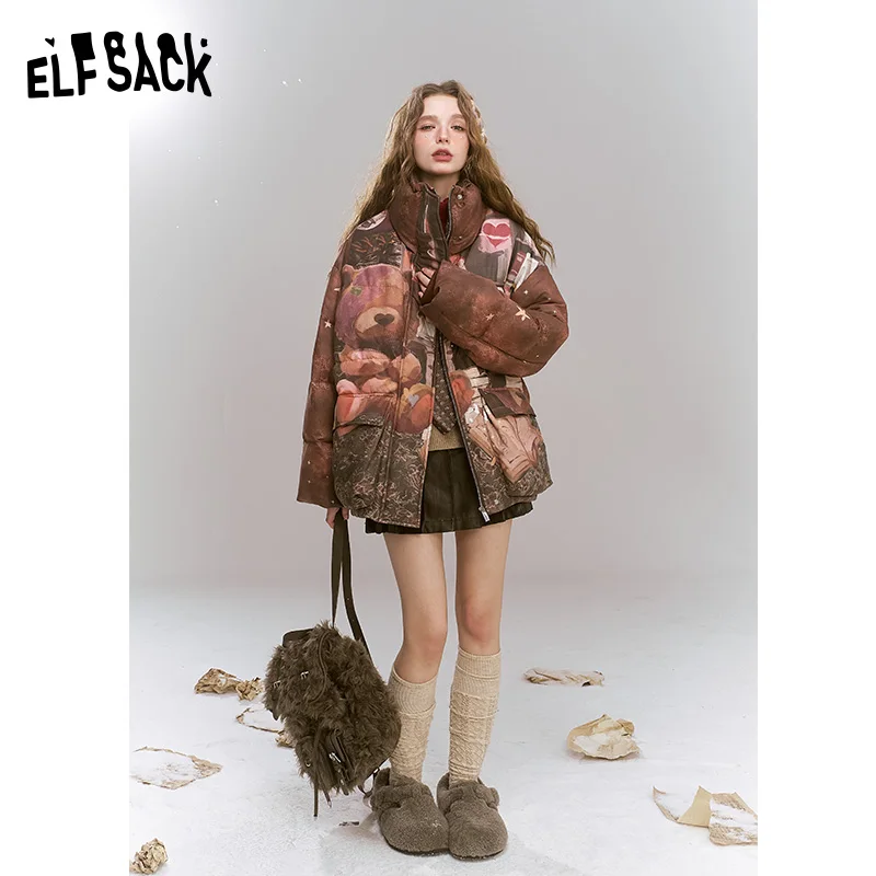 ELFSACK 2024 Winter New Arrivals Maillard retro printed short standing collar warm down jacket