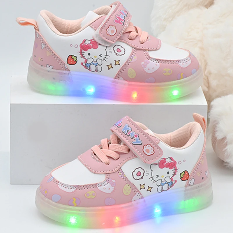 

Miniso/детская обувь со светодиодной подсветкой, модные кроссовки для девочек «Hello Kitty», милая повседневная обувь из мультфильма, дышащая детская спортивная обувь, подарок