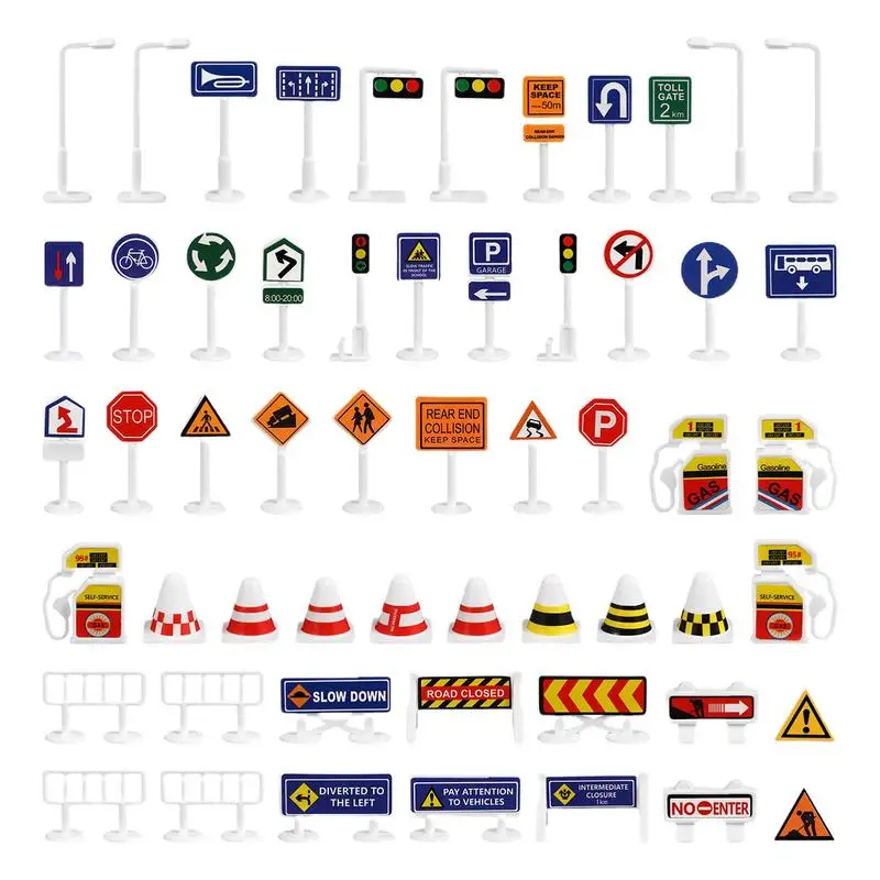 

56Pcs Barricade Toys Road Signs Models Kid Traffic Ornament Childrens Prop Cones Kids Construction Miniature Street Lights