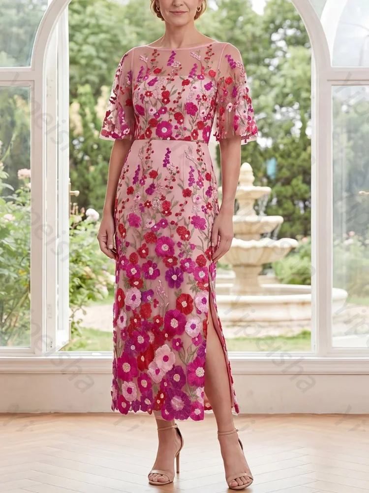 Customized Ateau Neck Half Sleeves Embroidered Mother of The Bride Dresses Elegant Evening Dress High Quality Prom Party Gowns