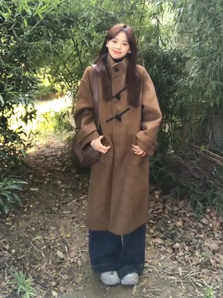 

Корейское ретро-пальто из шерсти с пуговицами-клыками, женское зимнее новое свободное удлиненное шерстяное пальто с длинными рукавами и отложным воротником