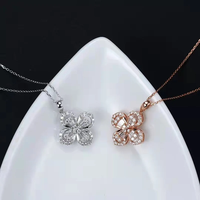 100% 18K Gold Natural Diamond Four Leaf Pendant Necklace Women's Birthday Gift Party Fine Jewelry