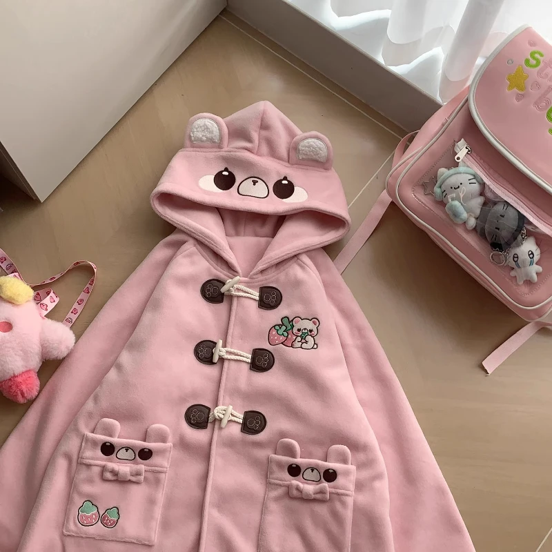 Original Cute Girl's Bear Embroidery Long Jacket Autumn Winter New Student Y2K Horn Button Hooded Jacket Daughter Kawaii Coat