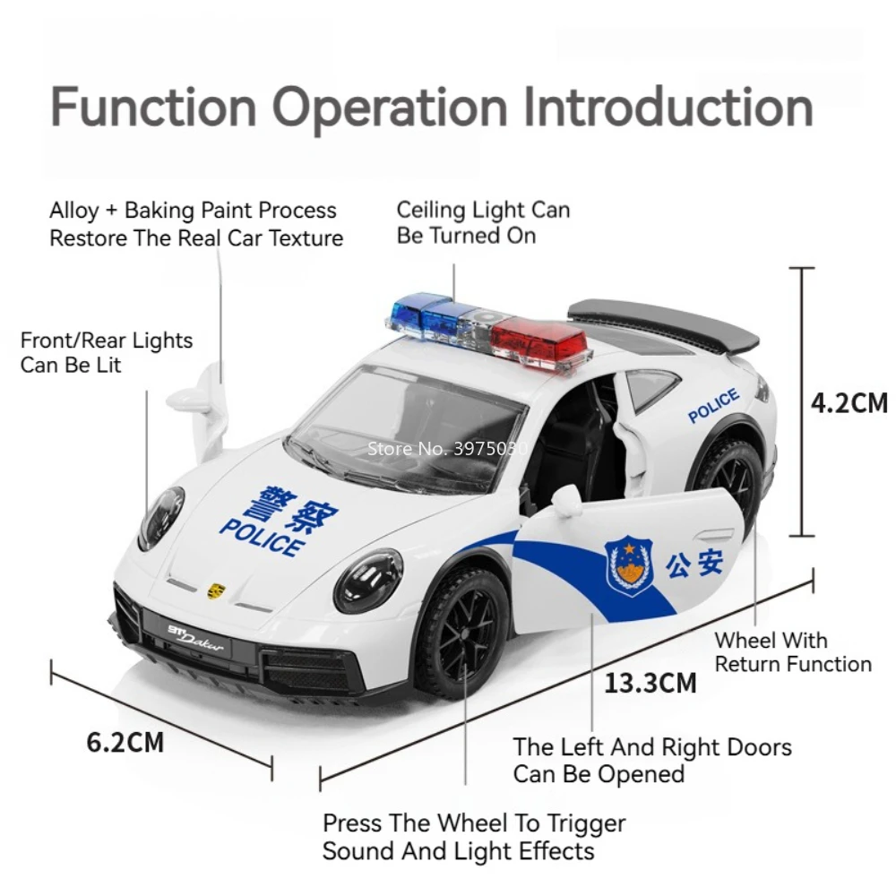 Scala 1:32 Porsche 911 Giocattoli in lega Modelli di auto della polizia con tirare indietro Musica leggera Veicoli in miniatura Bambini Regali per bambini
