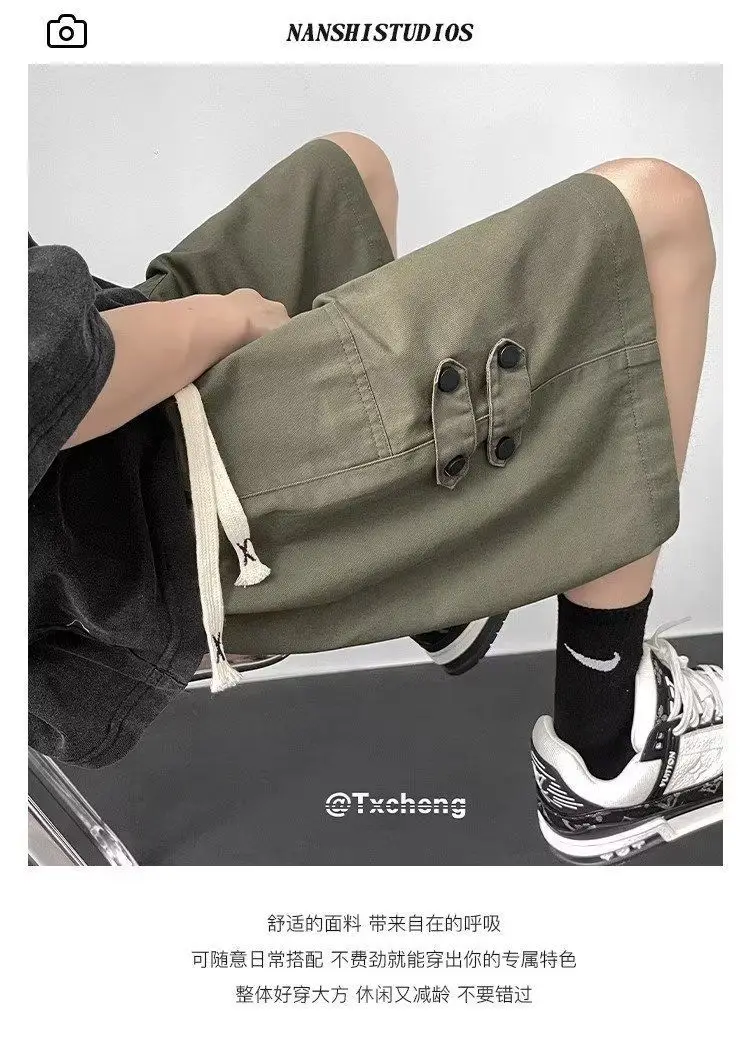 Pure Cotton Tool Shorts Men Summer Japanese Five-point Loose Casual Wide-leg Over-knee Mid-trouser Pants