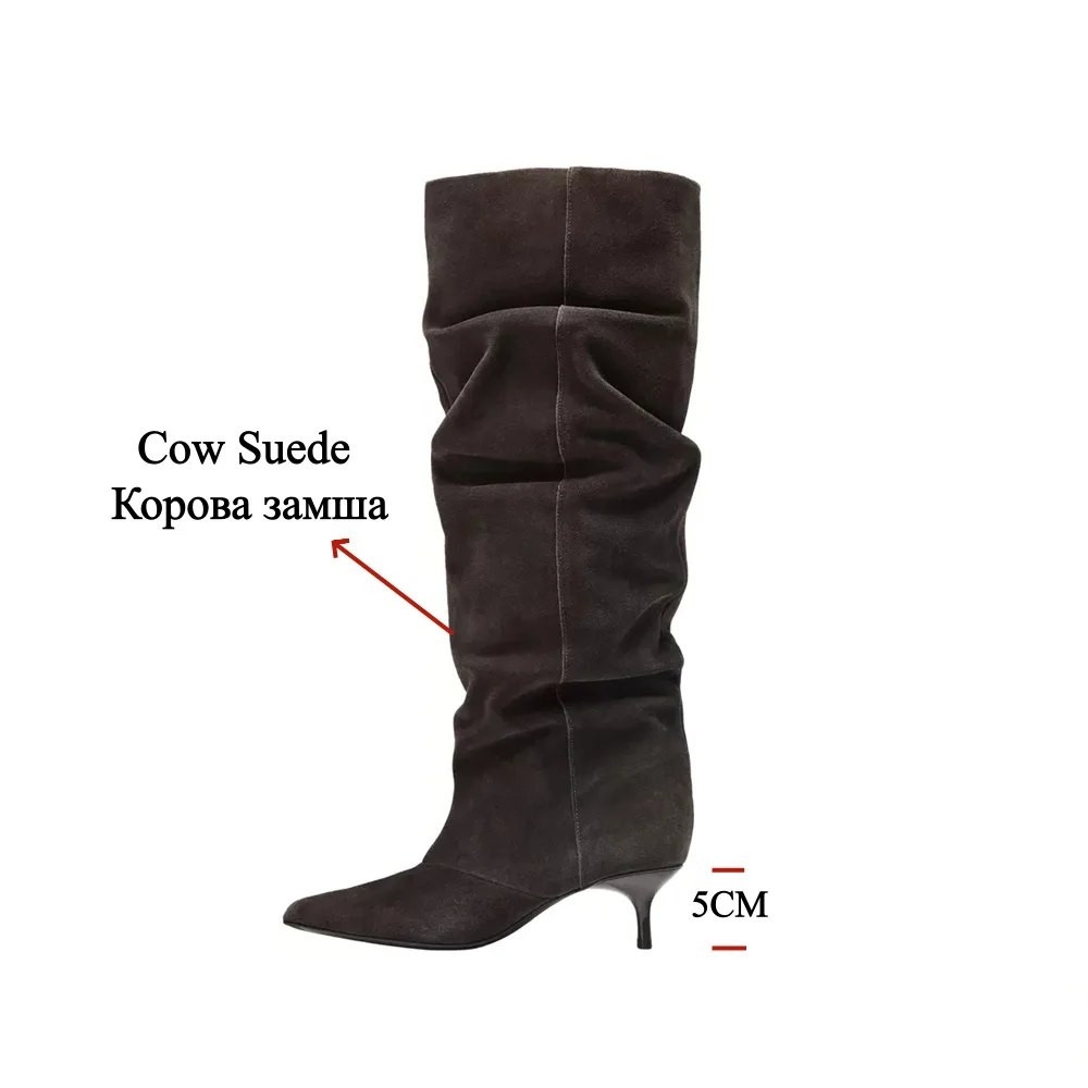 Women's Cow Suede Knee-High Boots - Pointed Toe Kitten Heel