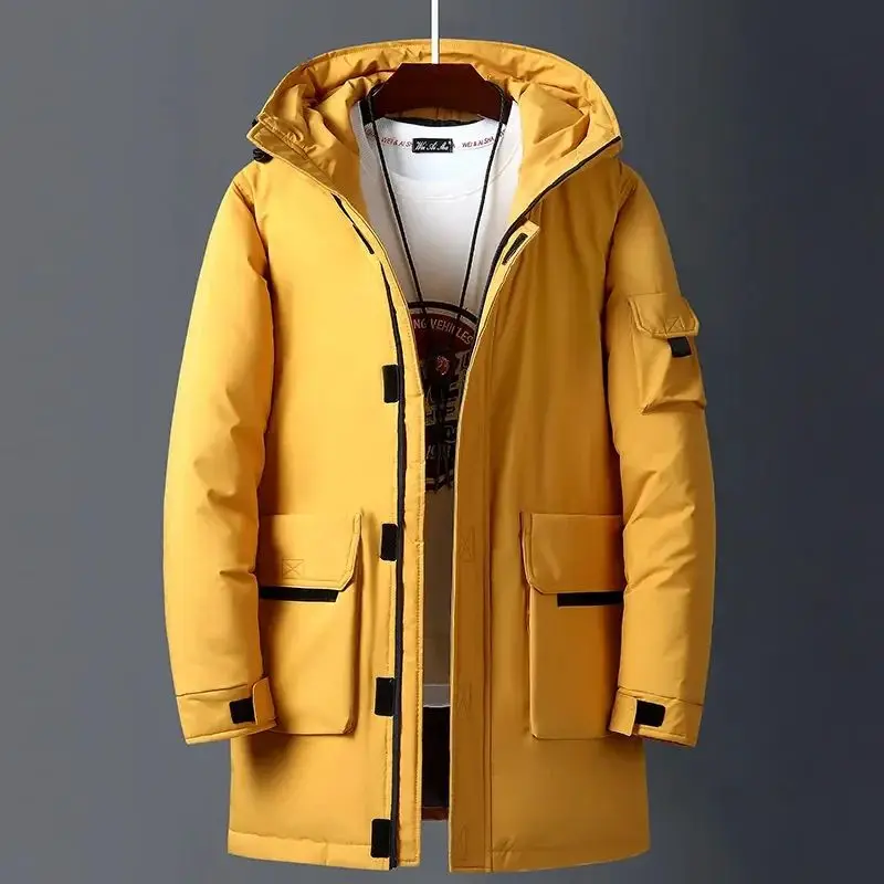 

New 2023 Men's Winter Jaet White Du Warm Hooded Long down Quilted Coat Youth Faion Baseball Collar Sle
