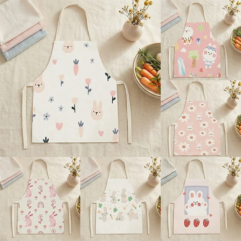 

Cute Rabbit Carrot Floral Print Kitchen Apron For Women Girls Cotton Linen Sleeveless Baking Cooking Bib Home Cleaning Pinafore
