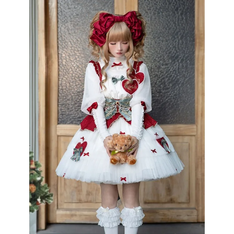 Japanese Victorian Christmas Lolita  Dress Women Kawaii  Long Sleeve Top Sweet Lace Heart Bow Sundresses Y2k JSK