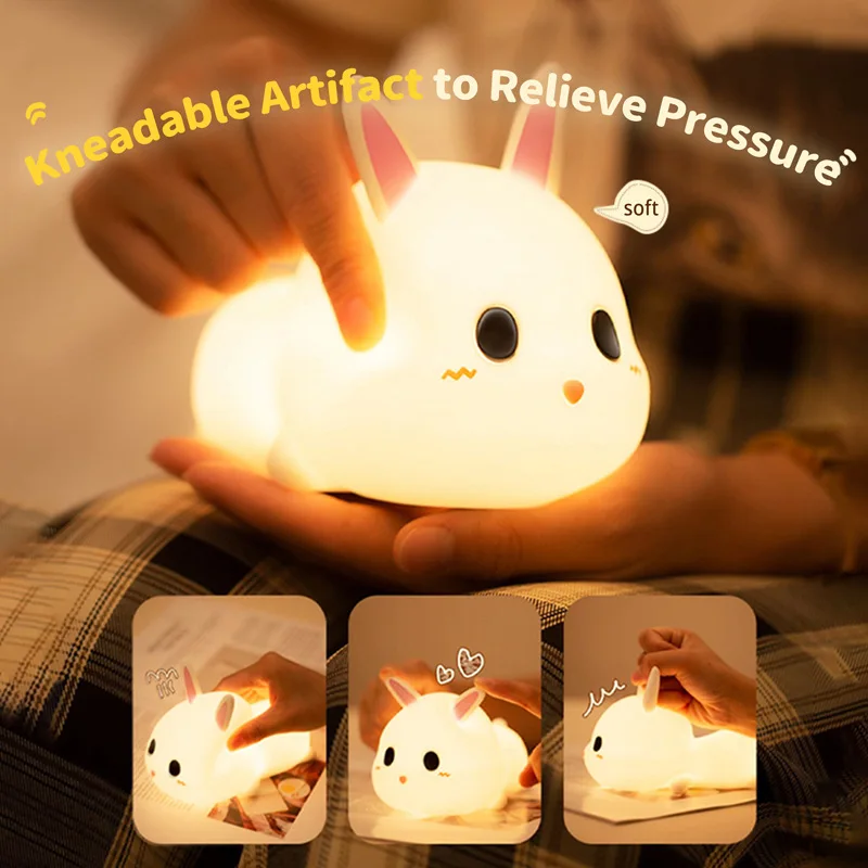 Silicone LED Rabbit Night Light Remote Control Rechargeable Touch Sensor Dimming Bedroom Bedside Lamp For Kids Baby Gift