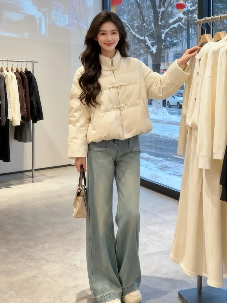 Thickened Chinese Style Button down Cotton Jacket Women's Winter Warm Padded Coat Short Style Long Sleeve Stand Collar