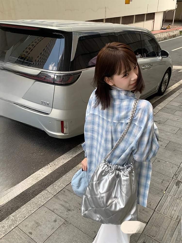 

Синий клетчатый хлопковый льняной топ irt Jaet, женский осенний новый солнцезащитный топ Lazy Sle, модный повседневный длинный свеч irt