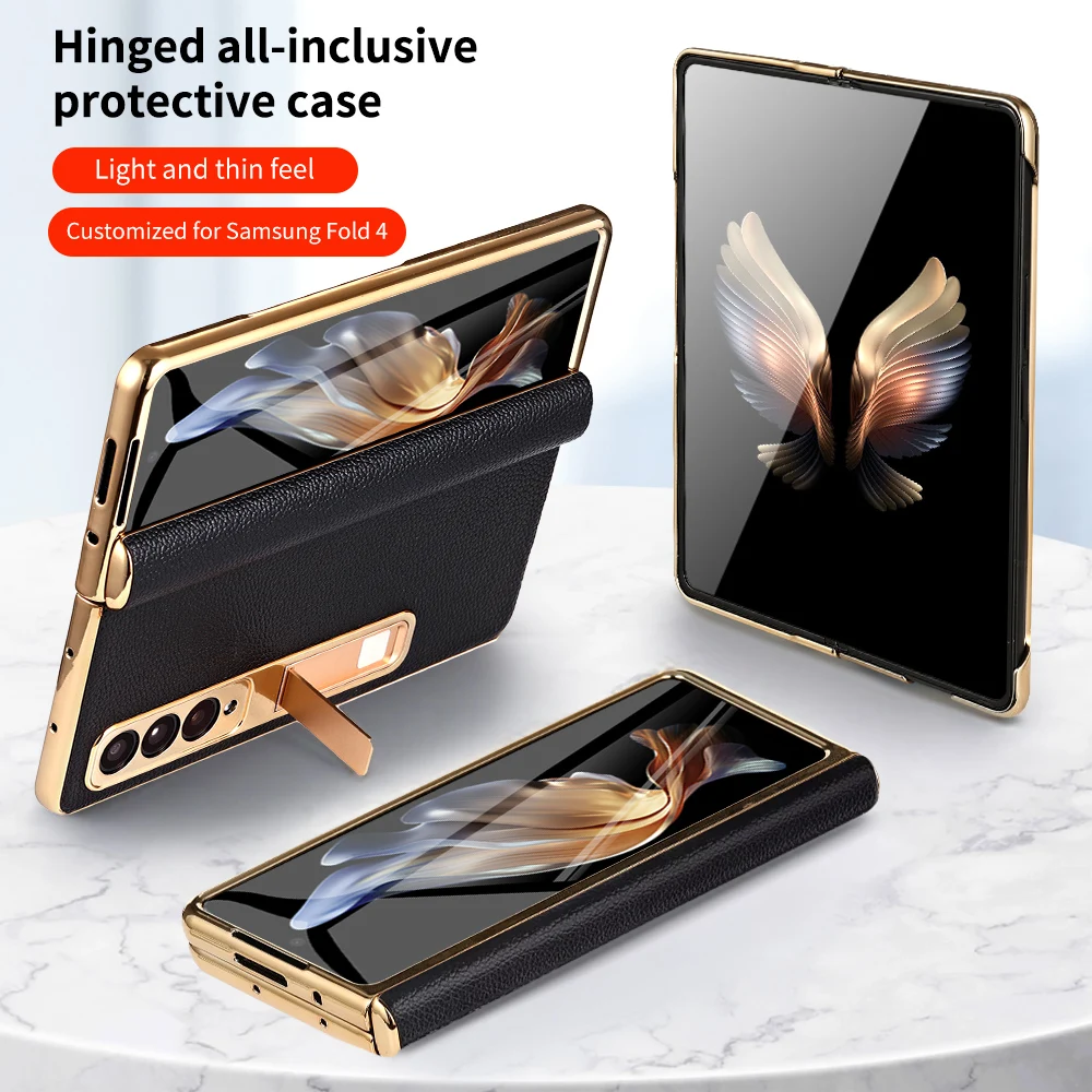 Leather Phone Case for Samsung Galaxy Z Fold 6 5 4 3 Fold6 Fold5 Gold Plating Magnetic Hinge Stand Back Cover with Mirror Film